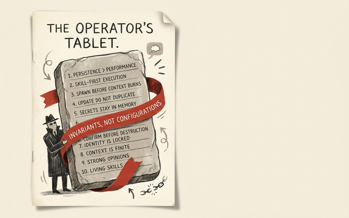 An editorial illustration in charcoal ink on cream paper of a stone tablet held upright by a small charcoal-ink agent figure. The tablet lists ten hand-engraved numbered rules in a vertical column, from PERSISTENCE > PERFORMANCE through LIVING SKILLS. A red ribbon wrapped diagonally across the tablet reads "INVARIANTS, NOT CONFIGURATIONS"