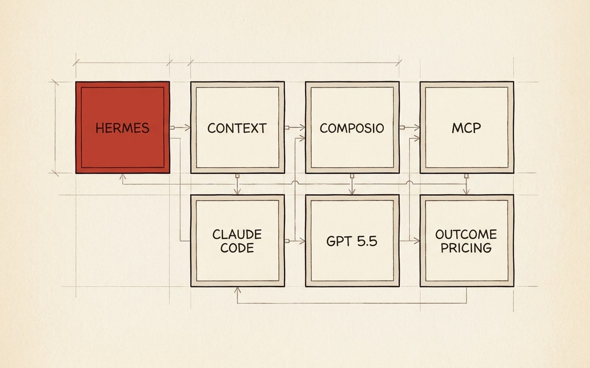 A hand-drawn editorial layout on cream paper showing seven labeled rectangular boxes arranged in a 4+3 grid pattern, each box representing a stack component: HERMES (harness, top-left, rendered in editorial red as the focal point), OBSIDIAN/GIT VAULT (context), COMPOSIO (auth), CLAUDE CODE/CODEX (build), MCP (tools), GPT 5.5 (routing), OUTCOME PRICING (commerce) — with thin connecting lines between adjacent boxes suggesting the data flow, asymmetric composition with breathing room on the right