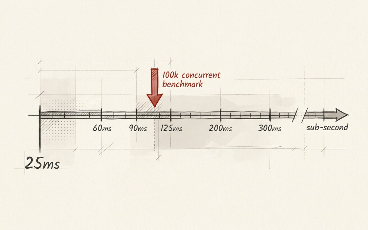 Hand-drawn cold-start number line from 25ms to sub-second with vendor tick marks, a red marker pinning the 100k-concurrent benchmark point