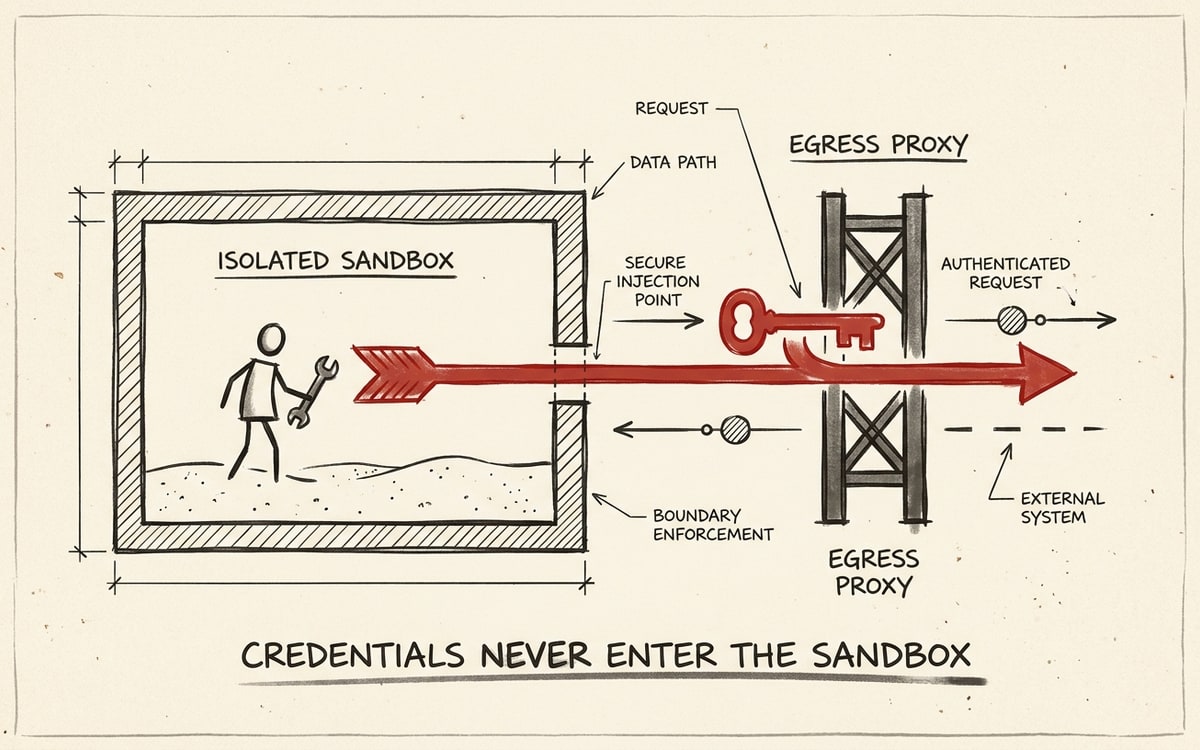 An agent inside an isolated sandbox; the red key stays outside at an egress-proxy gate, injected onto the outbound request only