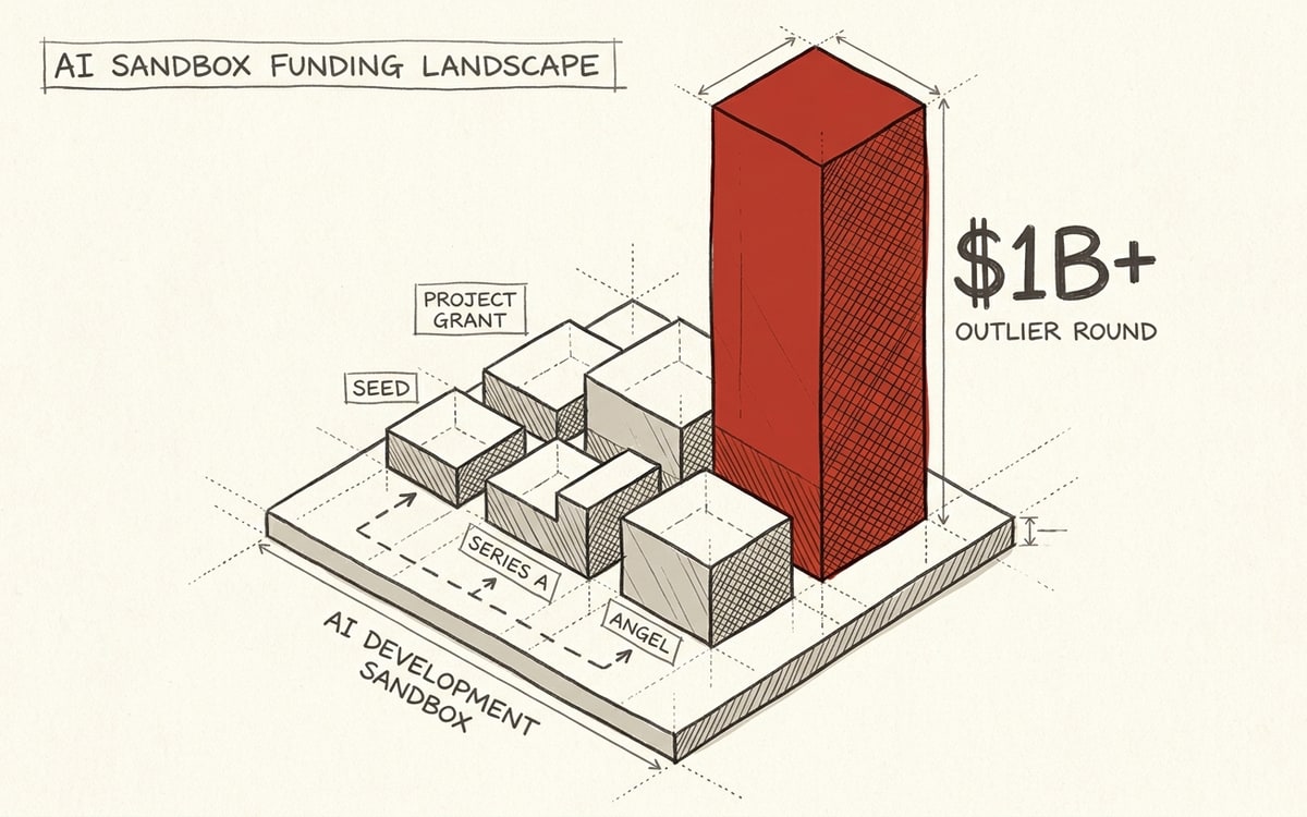 Hand-drawn block-chart of AI sandbox funding rounds, one towering red block marking Modal's $4.65B outlier valuation above a field of small seed rounds