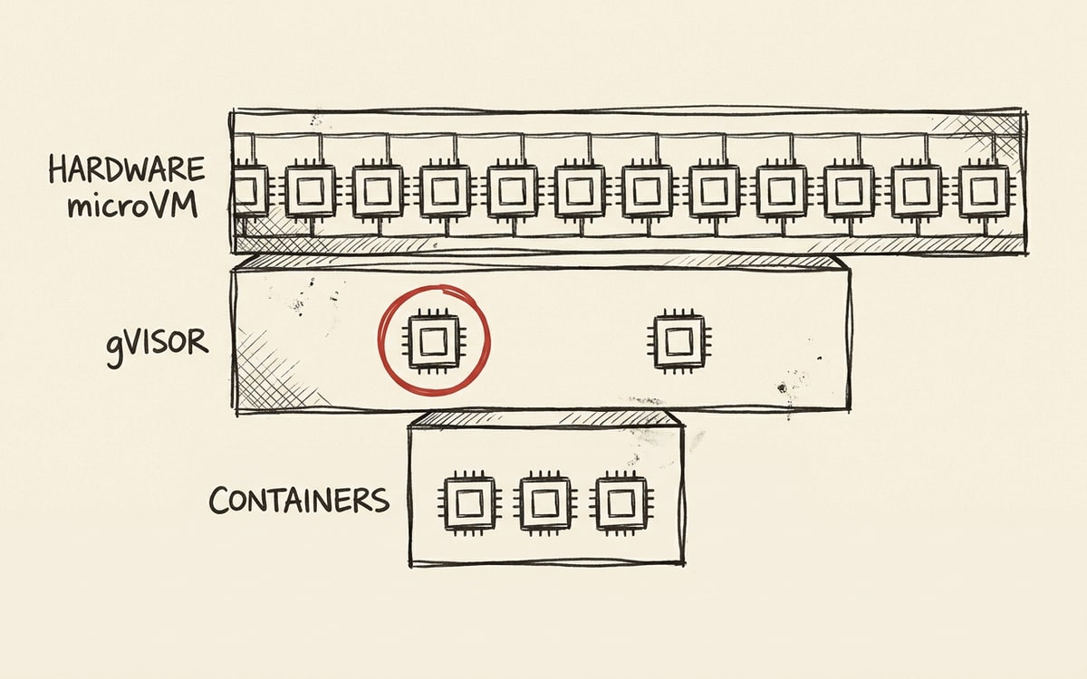 Inverted-staircase isolation stack: a crowded microVM tier, a sparse gVisor tier with one box circled red, a narrow containers tier below