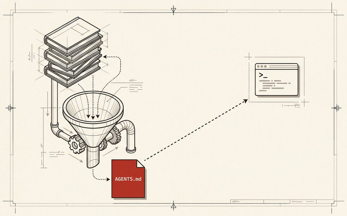 A stack of classic software books being fed into a funnel that outputs an AGENTS.md file plugged into a coding-agent terminal, the canon compressed into machine-readable rules
