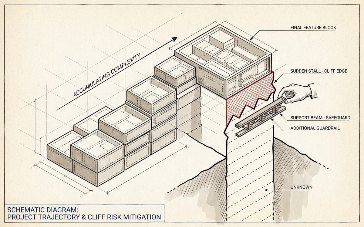 A schematic of the complexity cliff: a rising staircase of features that the genie climbs confidently, then a sheer drop where it stalls, with a human hand placing guardrails before the edge
