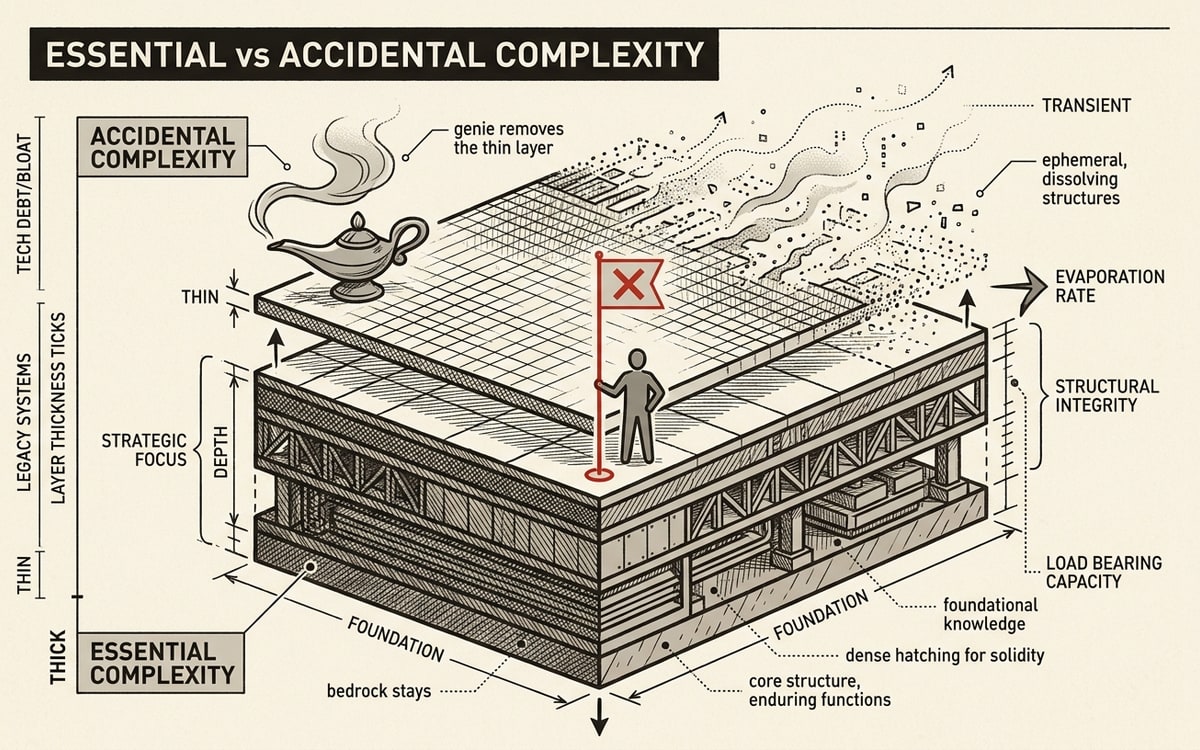 Two stacked layers labeled accidental complexity and essential complexity: a genie icon dissolving the thin top accidental layer while the thick essential layer below stays untouched, a human figure standing on it