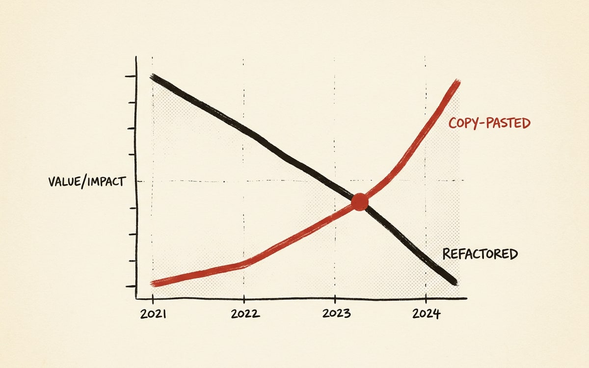 Two diverging lines on a stark chart: refactored or moved code sloping down from 2021 to 2024, copy-pasted code sloping up to cross it, the crossover point marked