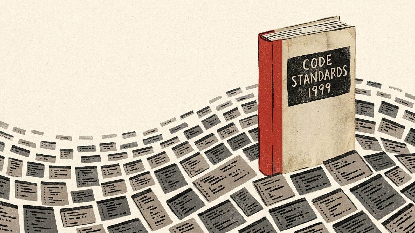 A worn 1999 paperback spine standing upright in a flood of identical auto-generated code blocks, the one fixed point in a rising tide of duplication