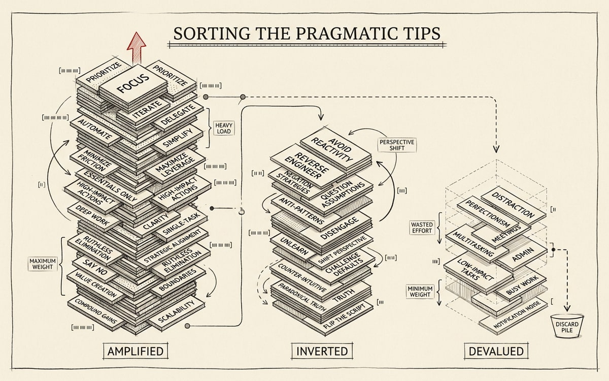 Three columns sorting the Pragmatic Programmer tips: amplified in red, inverted in amber, devalued in grey, with the amplified column visibly heaviest