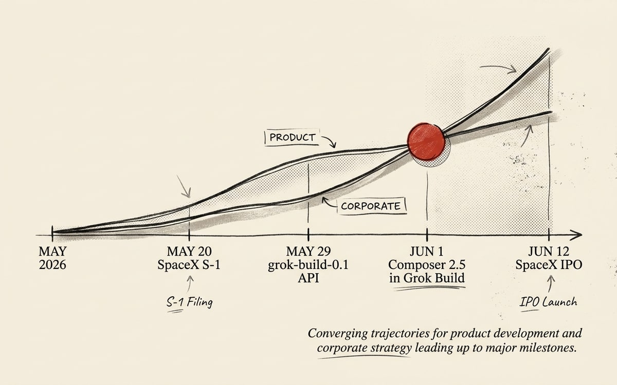 Timeline showing product and corporate trajectories converging at June 1, between the May 20 SpaceX S-1 and the June 12 IPO