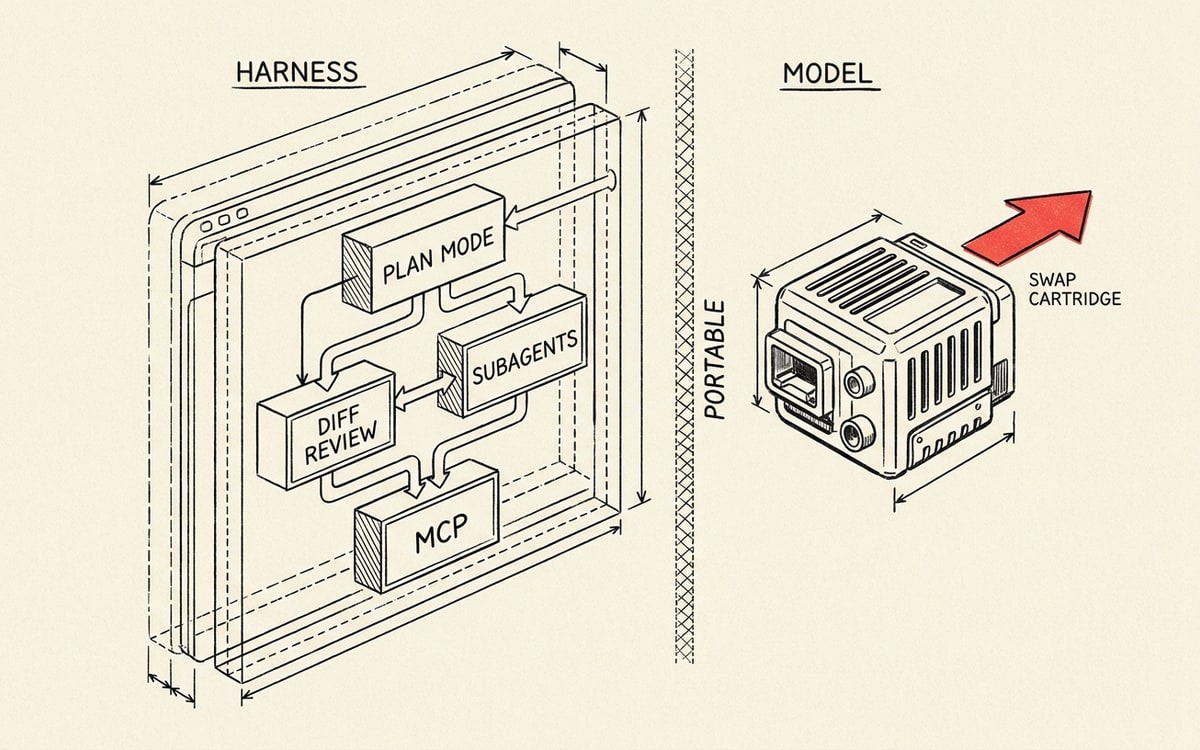 A coding agent splits into a fixed harness and a swappable model cartridge