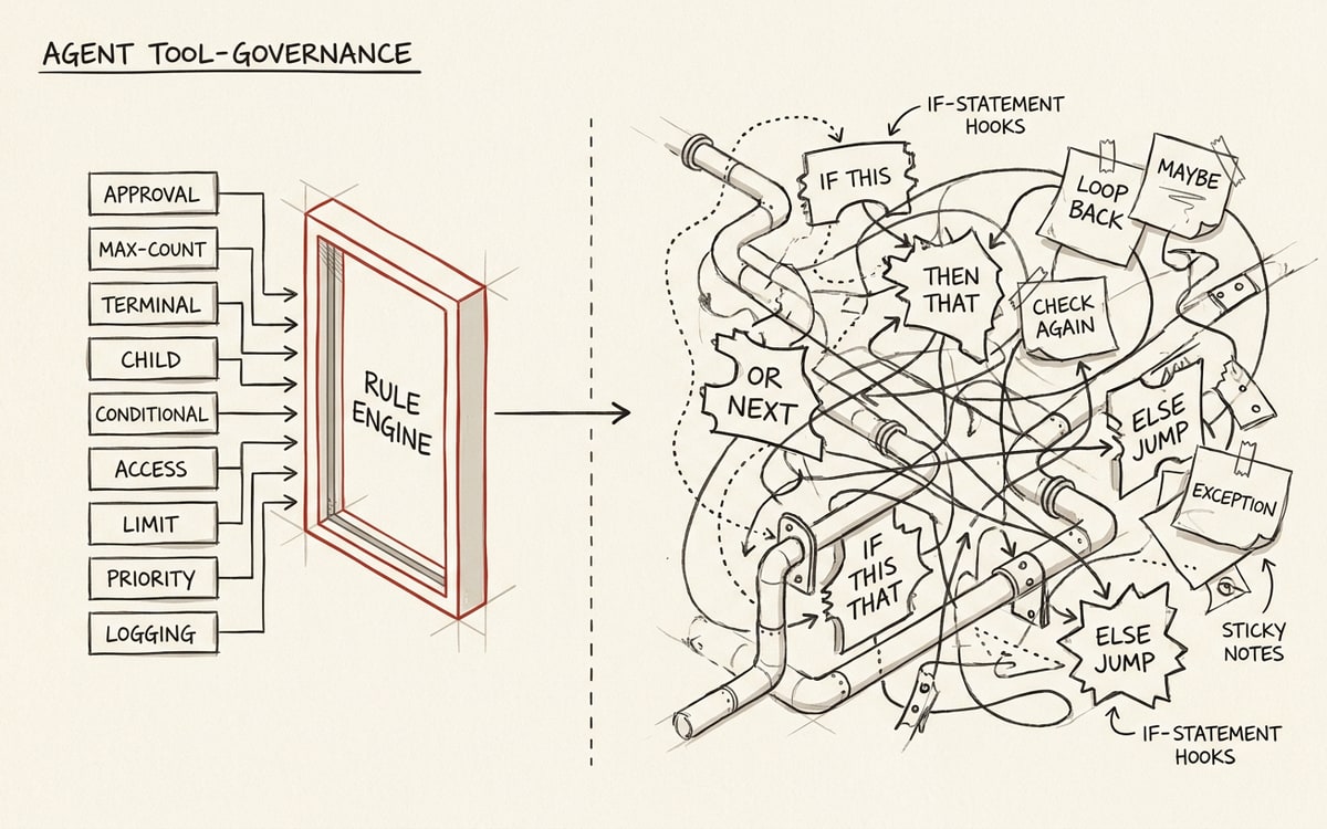 Two-panel hand-drawn contrast: on the left a single labeled rule-engine gate with nine policy slots, on the right scattered if-statement hooks bolted onto a pipeline, the engine outlined in red