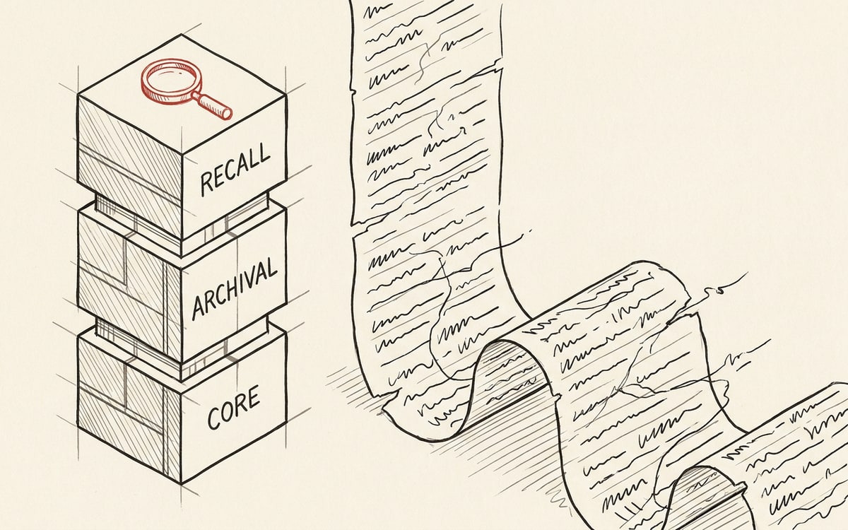 Hand-drawn diagram contrasting a curated tiered-memory tower with editable blocks against a flat append-only execution log, a red marker on the exact-match edit guard