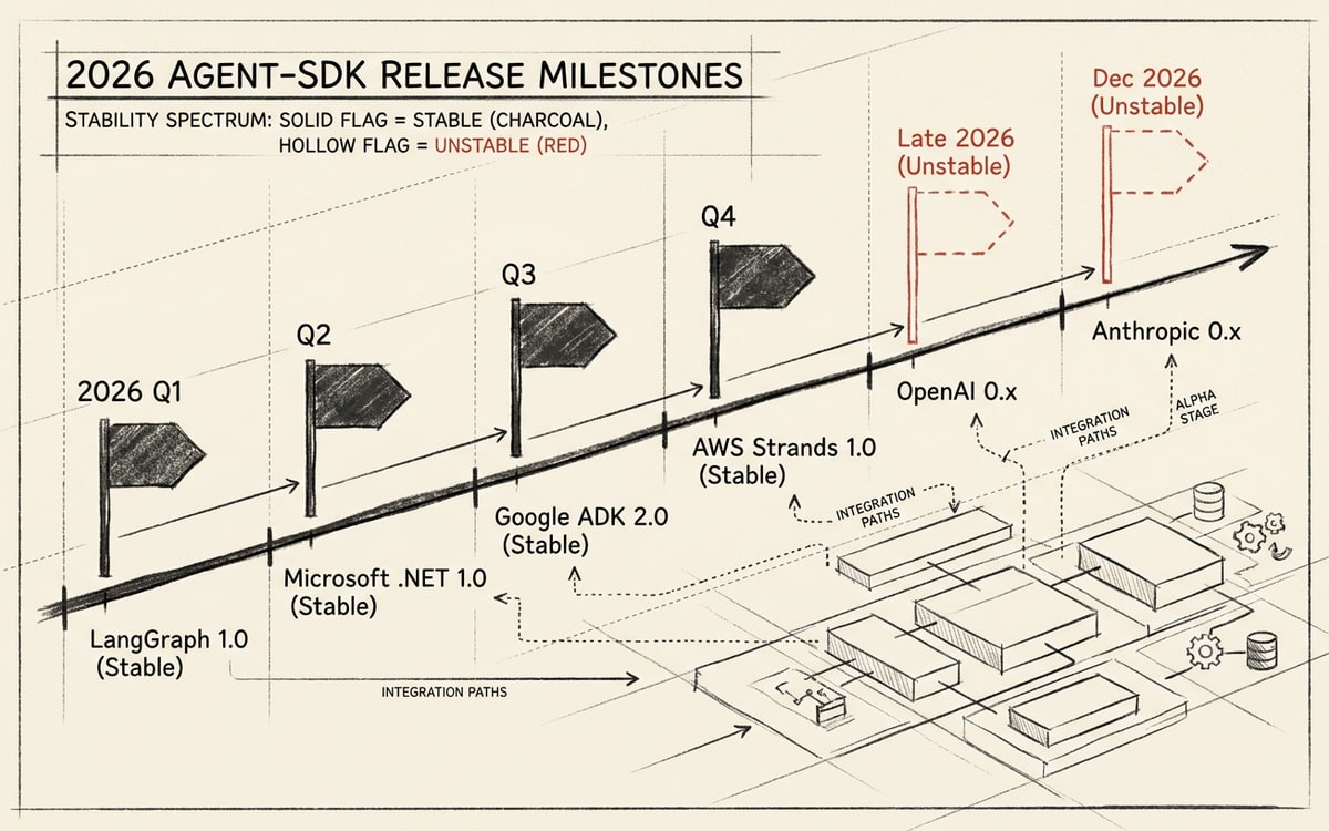 Hand-drawn timeline of 2026 agent-SDK GA milestones — LangGraph, Microsoft .NET, Google ADK, AWS Strands marked stable, OpenAI and Anthropic marked 0.x in red