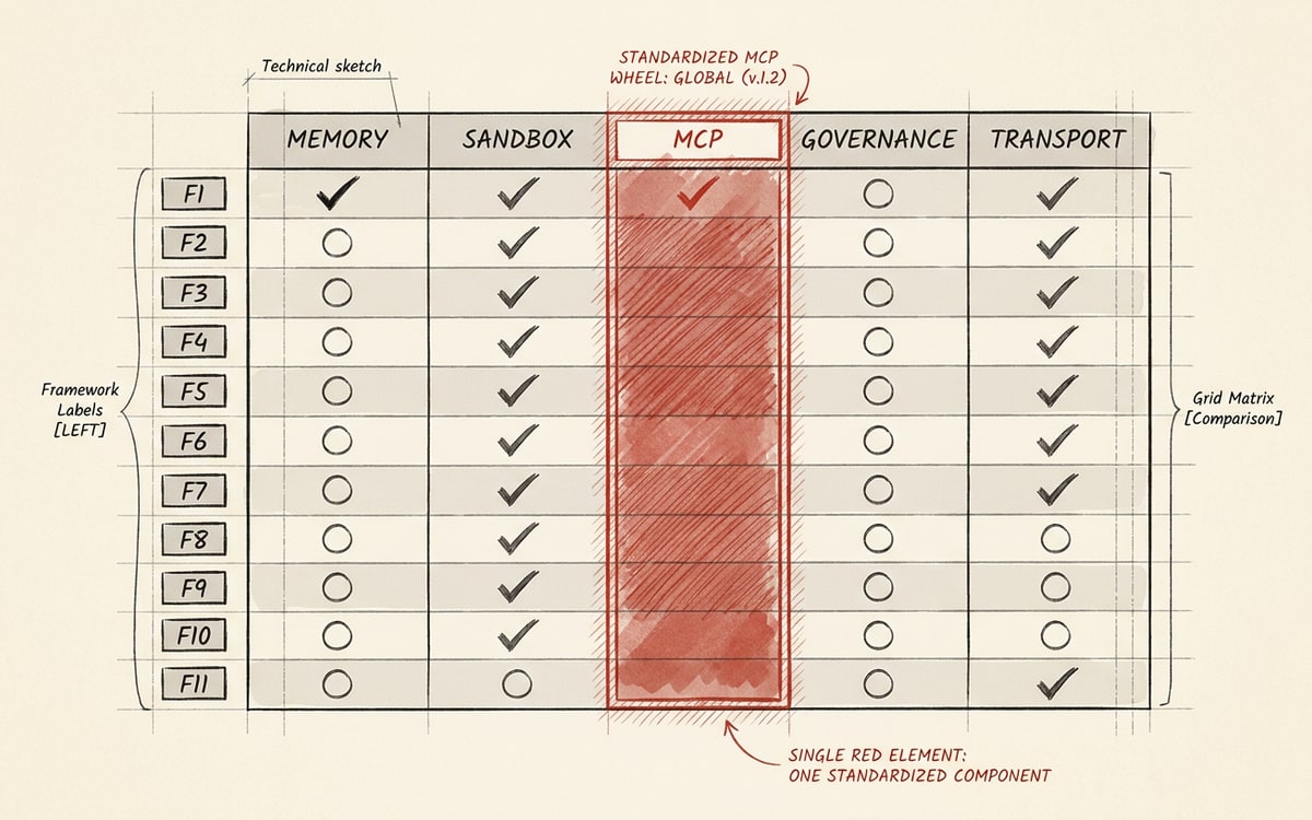 Hand-drawn grid of eleven agent frameworks scored across five columns, the MCP column filled solid while memory and governance columns sit mostly empty, one red column highlighting the standardized wheel