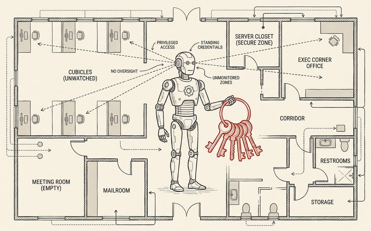 An agent figure holding a ring of keys inside an empty office floor plan: the privileged insider nobody is watching