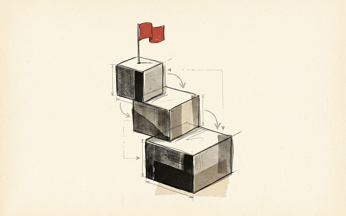 Three stacked building-block steps rising into a platform with a red flag on top: Palo Alto's acquisition staircase