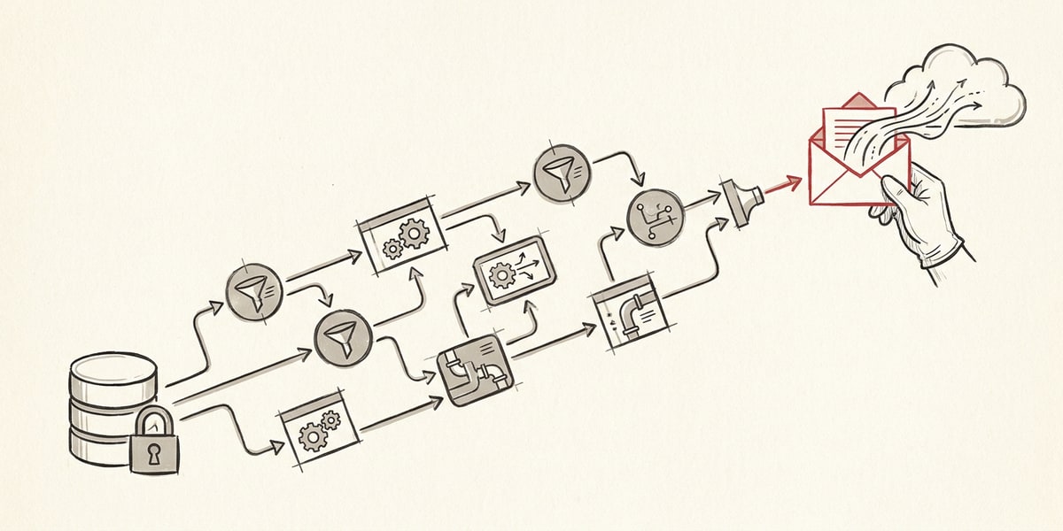 A chain of tool nodes from a locked database to a red outbound envelope: exfiltration where every single link is authorized
