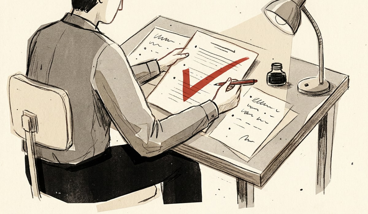 A figure at a desk marking their own test paper with a large red check: the marquee benchmark numbers are the labs grading their own homework