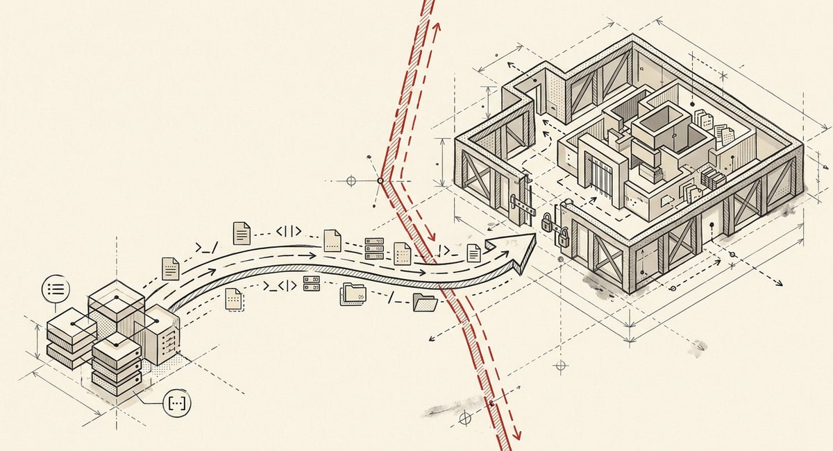 Document and code icons crossing a red border line into a walled compound: data leaving one jurisdiction for another