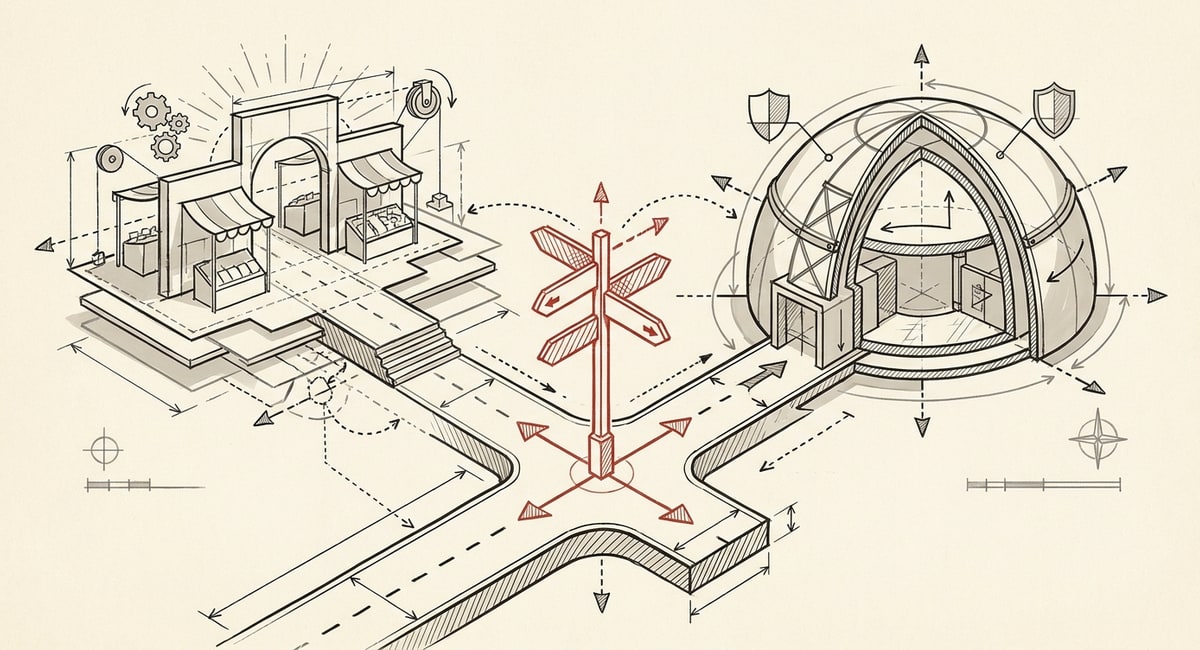 A road forking at a red signpost: one path to an open-market gateway, one to a protective dome