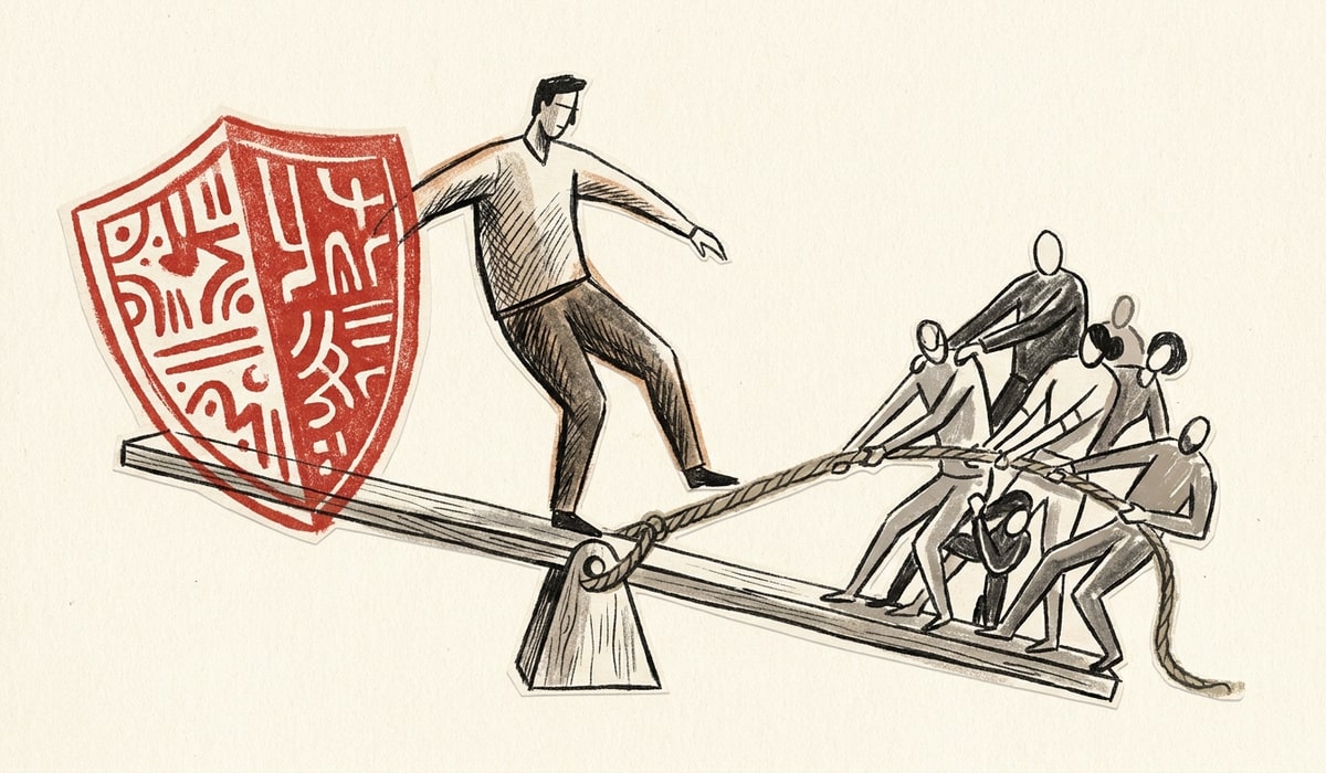 A seesaw balancing a red shield of safety and restraint against a group of figures pulling for growth: the tension a public listing institutionalizes