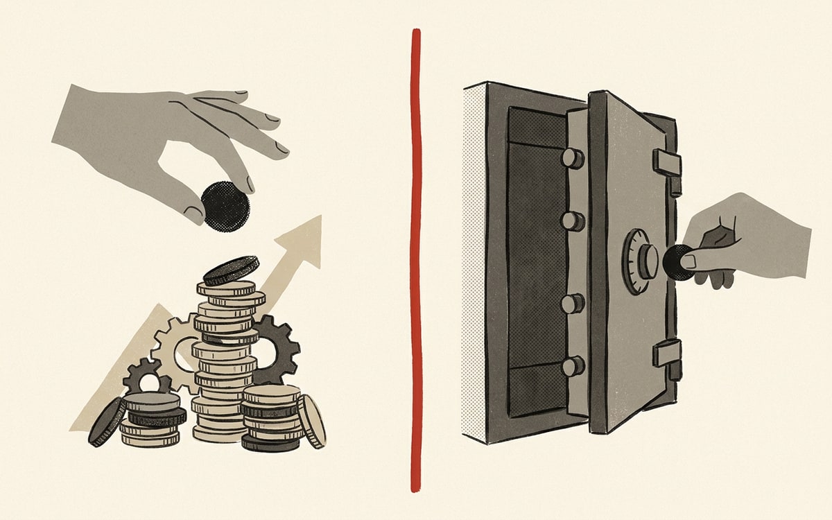 A split diptych divided by a red line: a coin into a rising stack on the left, a coin into a sealed vault on the right — upside versus downside