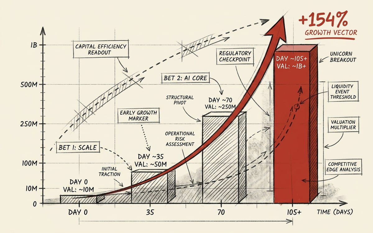 Four steeply rising bars climbing left to right with the tallest final bar in red: a valuation up 154% in about 105 days