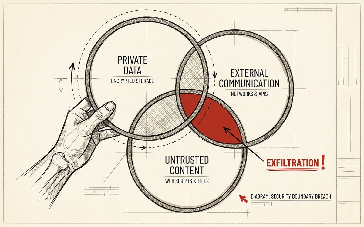 Three interlocking rings labeled PRIVATE DATA, UNTRUSTED CONTENT, EXTERNAL COMMUNICATION overlapping at a red center marked EXFILTRATION; one ring is being lifted away by a hand to break the overlap