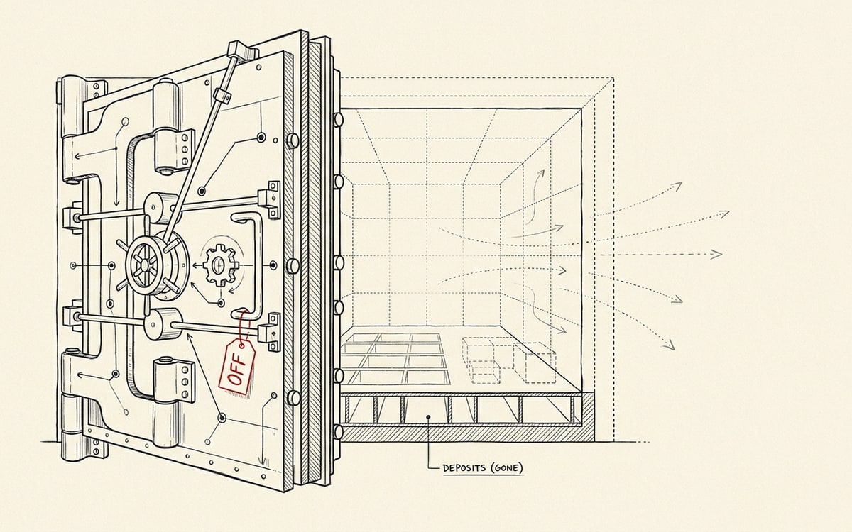 A bank vault door drawn in editorial line-art, wide open, with a small red sign hanging on it reading OFF; the vault is empty because everything valuable was moved out rather than locked in