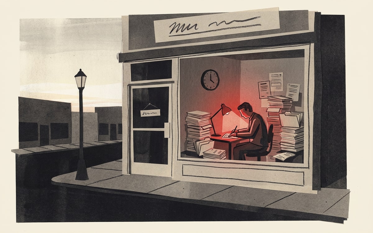 A quiet Main Street storefront at dawn with the lights already on inside and a single figure at a back desk: the reluctant operator doing paperwork before the day starts