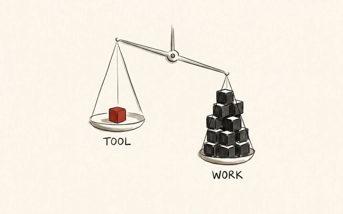 A balance scale: a small boxed software license on one pan vastly outweighed by a heavy stack of labor hours on the other, a red line marking which budget the agent captures