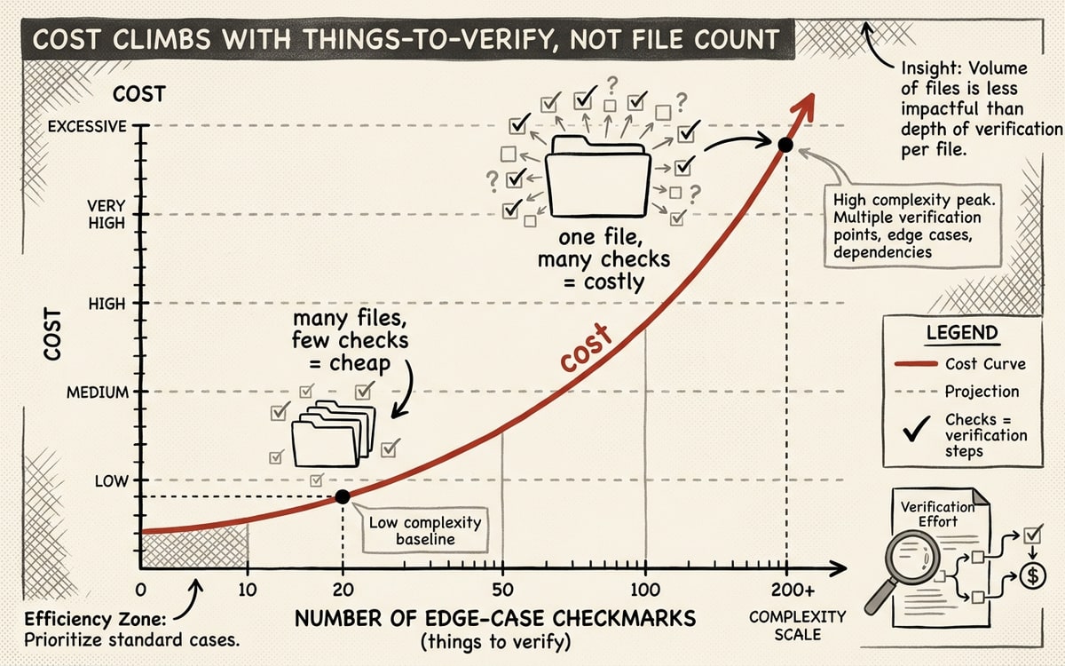 A line chart where cost climbs with the number of red checkmarks (things-to-verify) rather than with stacked file icons: a three-file stack sits LOW on the curve while a single file bristling with edge-case checkmarks sits HIGH
