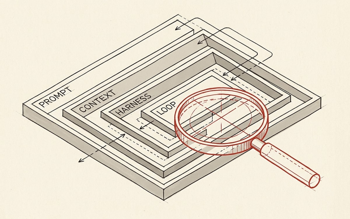 A four-rung ladder drawn over a single zoom-in diagram, each rung labeled PROMPT, CONTEXT, HARNESS, LOOP, with a red magnifying lens showing they all point at the same nested object