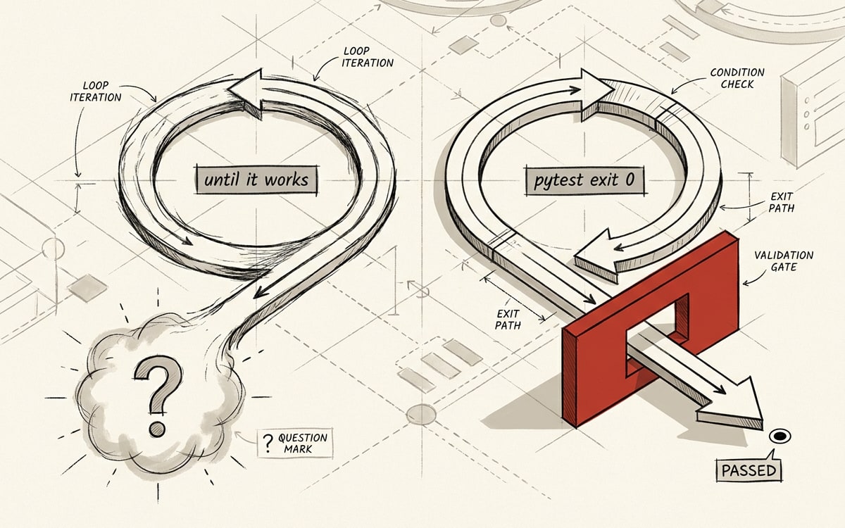 Two loop diagrams side by side: the left loop labeled 'until it works' spins with a fuzzy question mark exit, the right loop labeled 'pytest exit 0' has a clean red gate it passes through — same loop, different stop condition