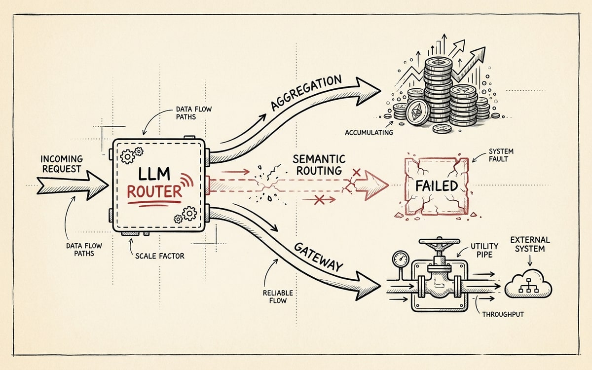 One LLM-router box splitting into three paths: aggregation thrives, semantic routing fails in red, gateway is a plain utility valve.