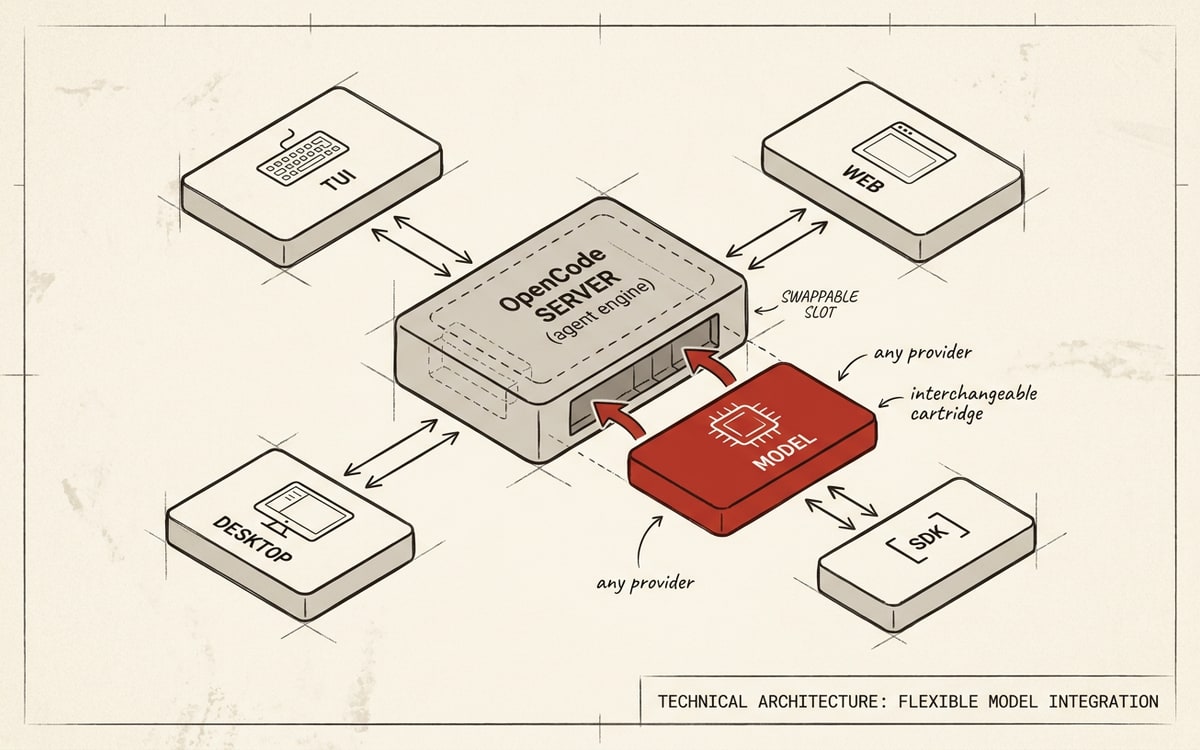 A central OpenCode server box with arrows to TUI, web, desktop, and SDK clients, and a swappable model cartridge slot marked "any provider"