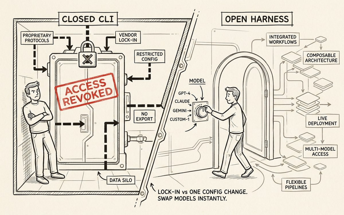 Left: a developer stuck at a locked door marked access revoked under a closed CLI. Right: the same developer turning a model dial and walking through an open door under an open harness