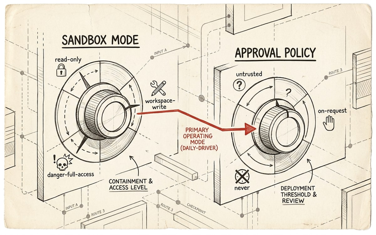 Two labeled dials side by side: SANDBOX MODE with positions read-only, workspace-write, danger-full-access; and APPROVAL POLICY with positions untrusted, on-request, never; an arrow shows the daily-driver setting on each