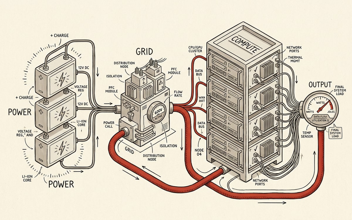A charcoal sketch of a battery cell wired directly into a server hall, one red current line running between them, energy as the new gating resource