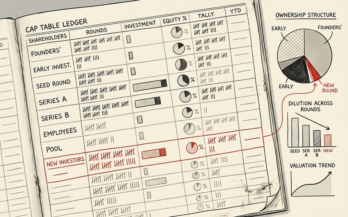A line-art ledger with one bold red entry standing out among neat columns, the moment a self-funded lab admits outside names to its register