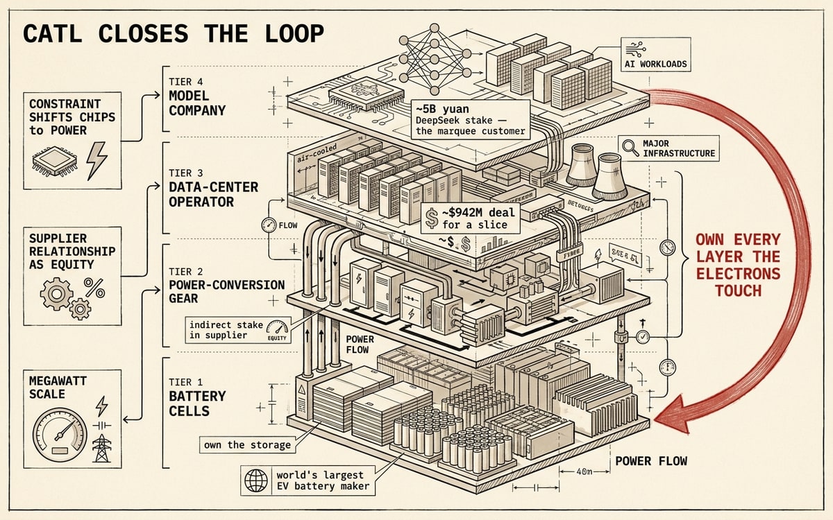 A schematic worksheet on cream paper titled "CATL closes the loop": a four-tier energy-to-AI stack — battery cells, power-conversion gear, data-center operator, model company — connected by conduit lines, with a single red loop-arrow running from battery to model and back, labeled own every layer the electrons touch