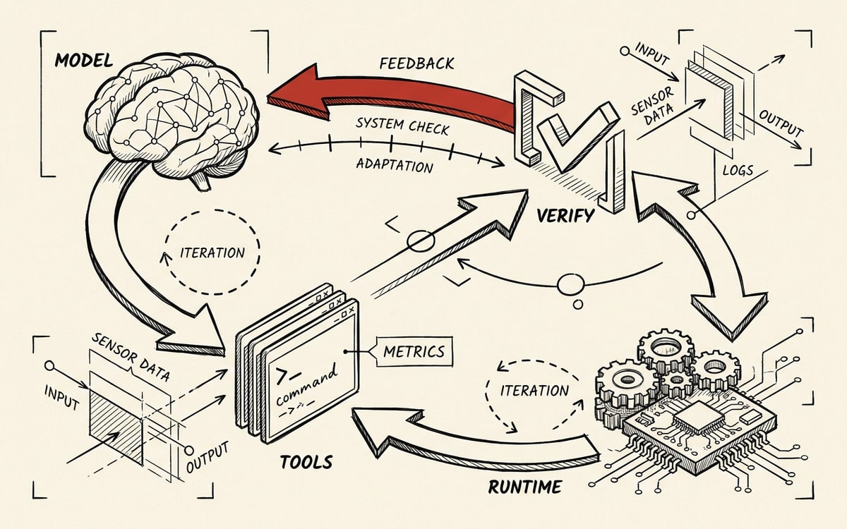 A closed loop drawn as a continuous line cycling between a stylized brain shape and a gear-like machine block, the loop tightening where the two meet, one red segment marking the join