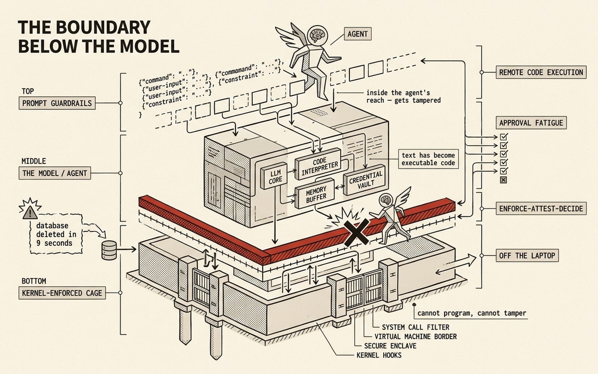 A schematic worksheet on cream paper titled "the boundary below the model": a vertical layered stack with prompt guardrails at the top drawn as a flimsy dashed line an agent figure steps over, the model and agent layer in the middle labeled text has become executable code, and a kernel-enforced cage at the bottom drawn as a solid heavy barrier the agent cannot cross, with a side callout reading database deleted in 9 seconds and a single red line marking the kernel boundary as the only real wall