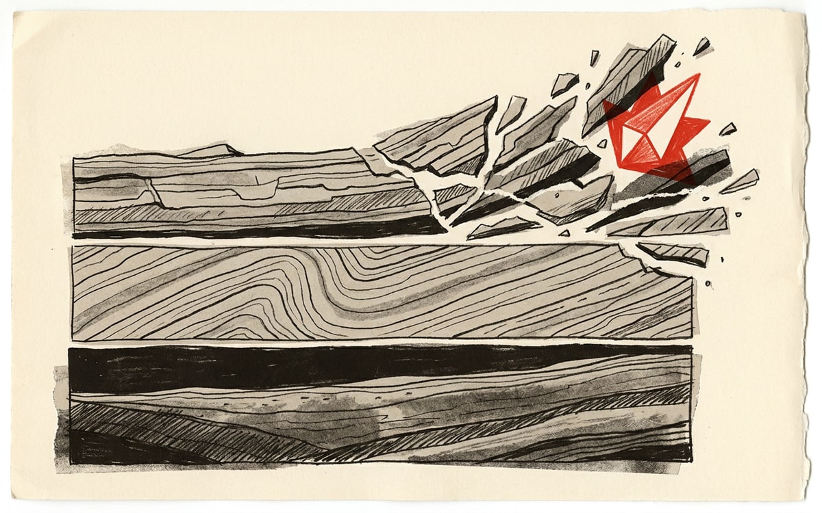 Three stacked horizontal tiers across a cream field rendered as layered strata, the lowest tier broad and even, the top tier fractured and pulled toward one corner where a single red marker sits