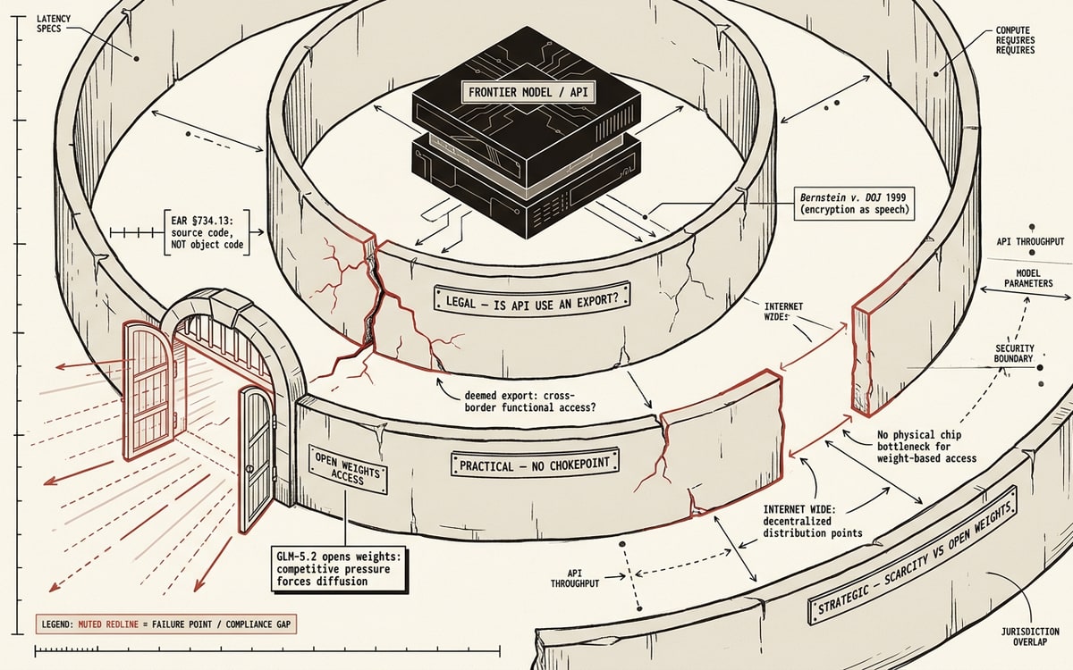 A schematic worksheet on cream paper showing a frontier model as a black box at center, with three labeled walls drawn around it — legal, practical, strategic — each wall cracked or with a gate left open, a single red line tracing where each wall fails