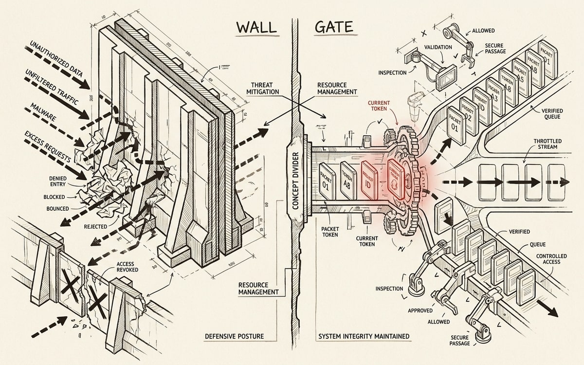 A high wall on one side of the frame casting a hard shadow, an open gate on the other with light pouring through, a single red line marking the boundary between them
