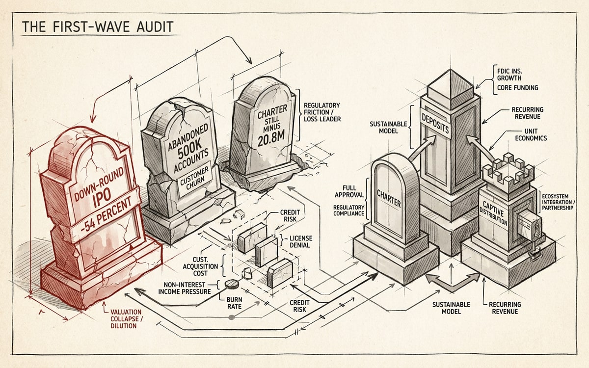 A schematic ledger titled "the first-wave audit": a row of toppled neobank headstones in pale grey, each labeled with an outcome — "down-round IPO −54%", "abandoned 500K accounts", "charter, still −$20.8M" — beside a small cluster of upright survivors labeled "deposits", "charter", "captive distribution", with the down-round marker drawn in red