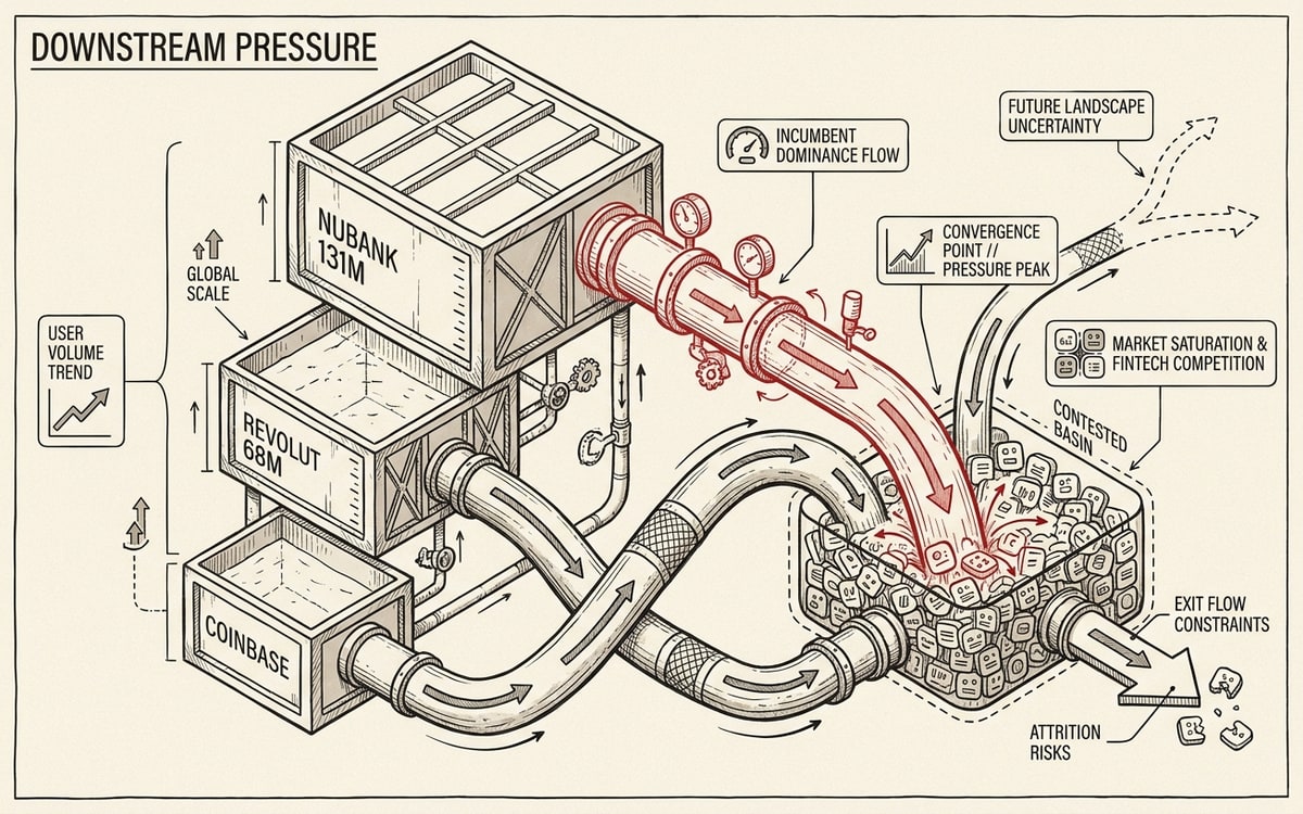 A wide schematic titled "downstream pressure": three labeled reservoirs of users on the left — sized boxes for Revolut 68M, Nubank 131M, Coinbase — funneling through pipes into a small contested basin on the right where many tiny identical skin-icons cluster, one incumbent pipe rendered in red as it pours in