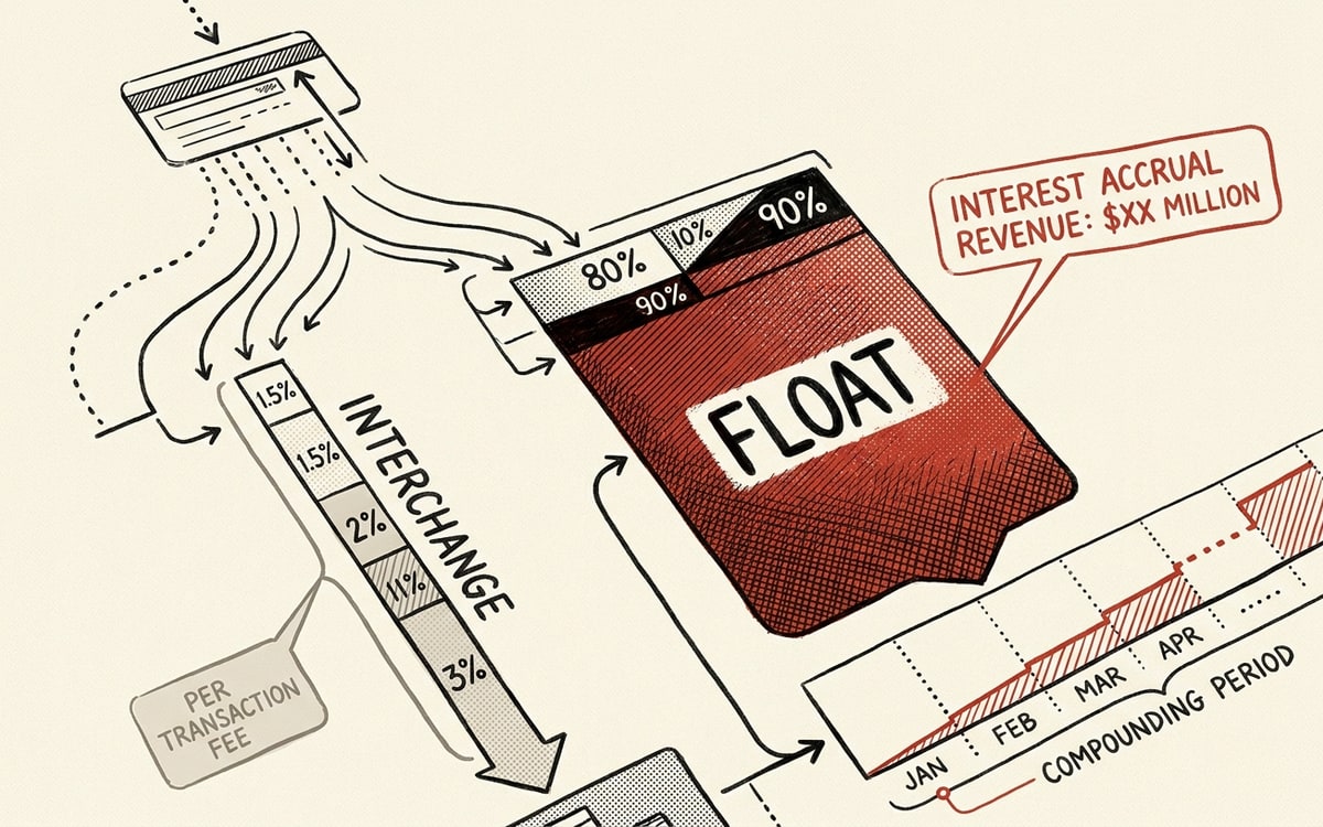 A small grey card-swipe slice on the left diverges into two much larger flows, one of them rendered in red, signalling that the swipe is the smallest source of revenue