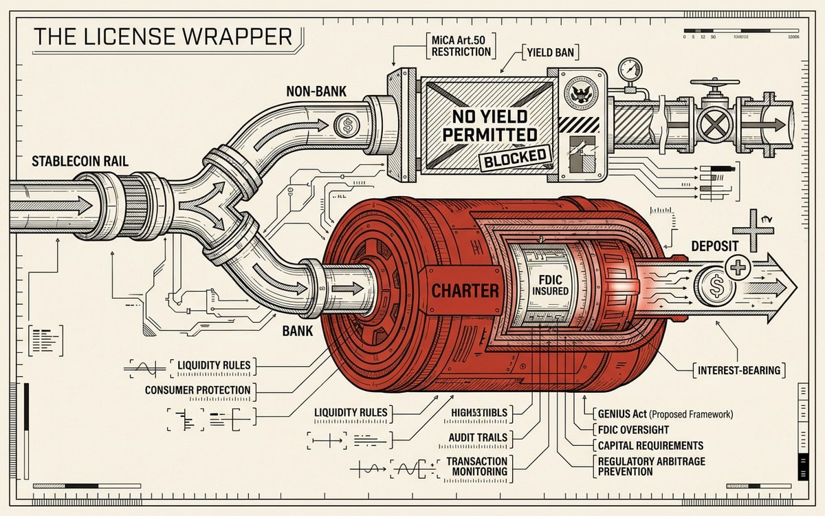 A schematic cross-section titled "the license wrapper": a stablecoin rail entering from the left through a labeled regulatory gate marked "no yield permitted", blocked for the non-bank path, and routed through a thick red banking-charter shell on the bank path where it emerges as a labeled interest-bearing deposit, with permission callouts annotating each layer